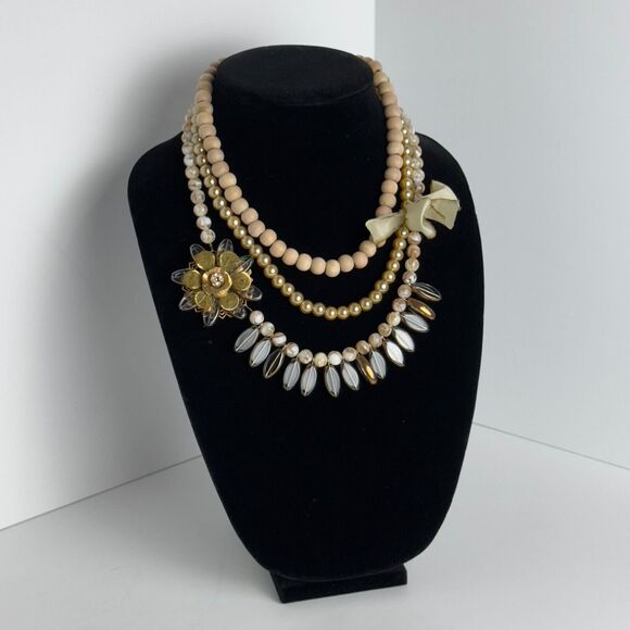Lenora Dame Jewelry - Lenora Dame Statement Necklace 3-Strand Wood Glass Stone Faux Pearl Beads